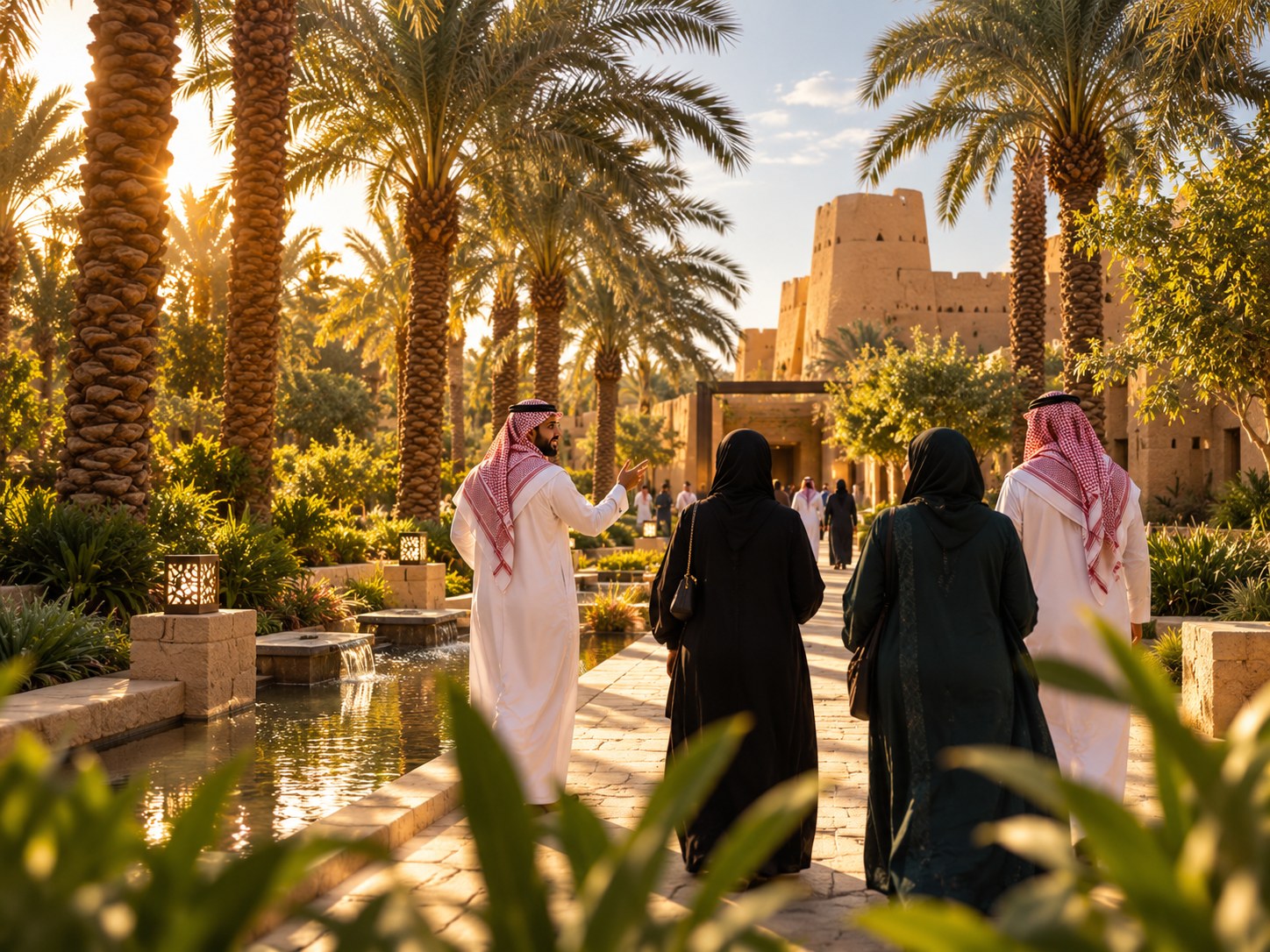 مسار للمشي بين النخيل في واحة خضراء