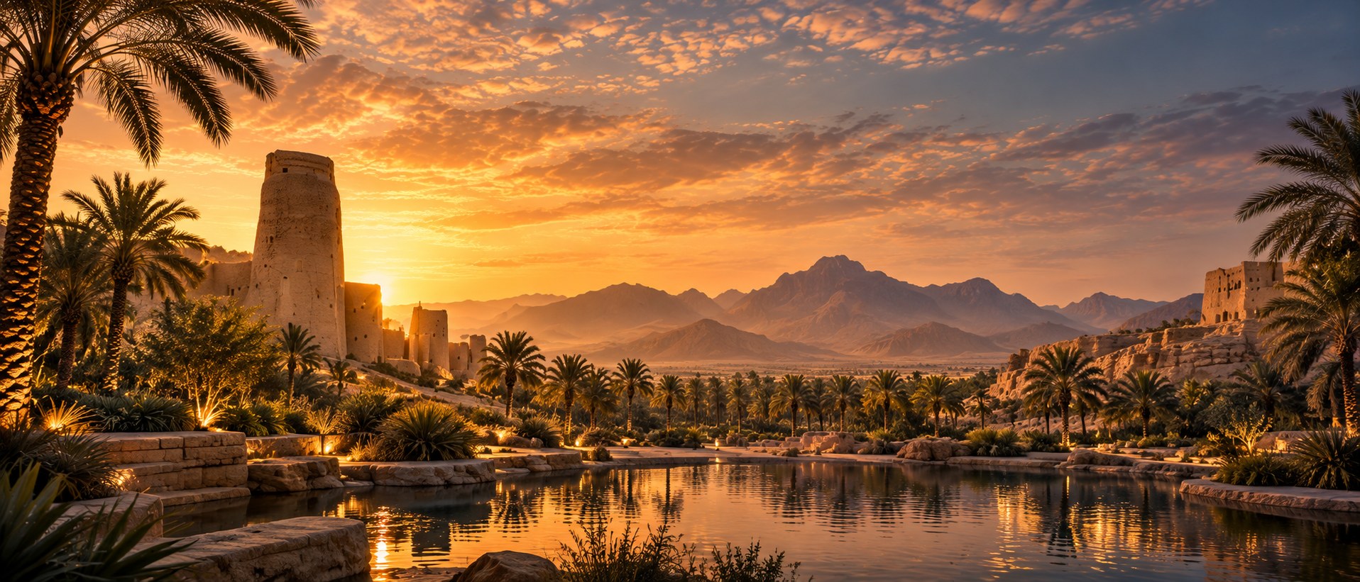 أبراج طينية ونخيل وجبال عند غروب الشمس