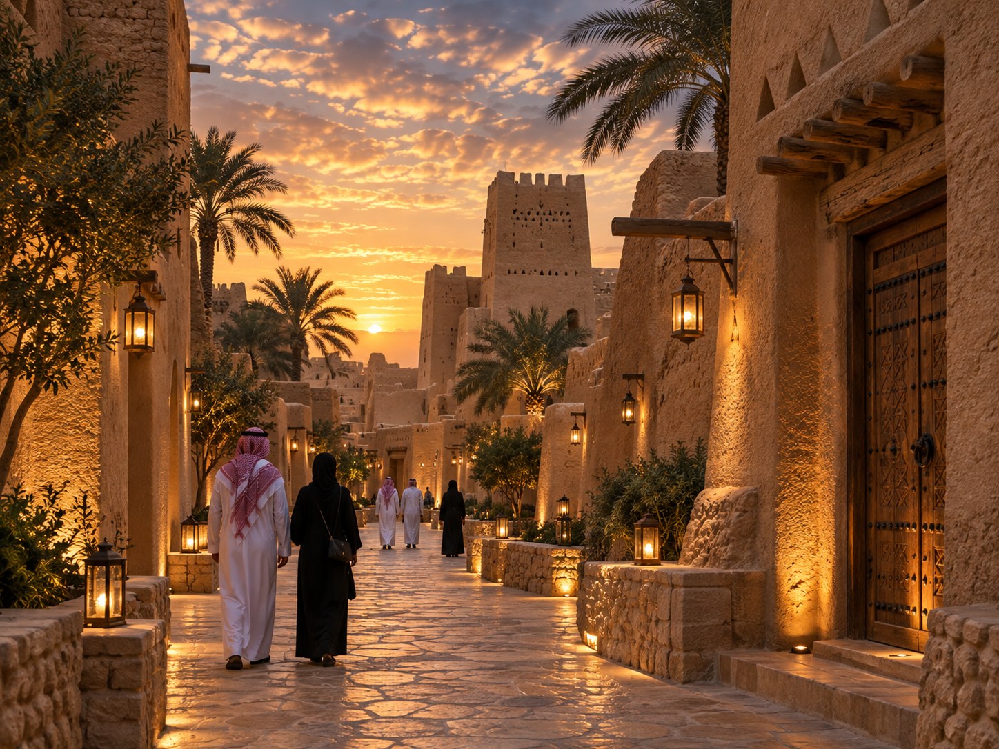 زوار يسيرون بين المباني الطينية في زقاق تراثي