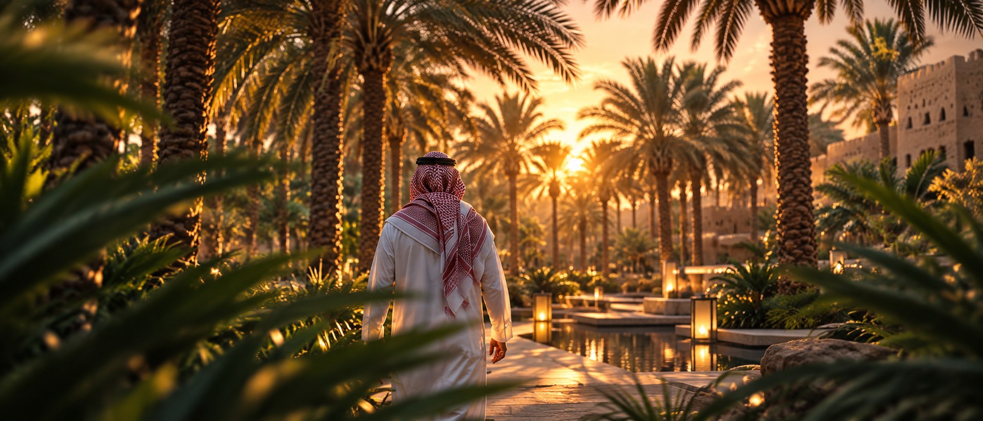 رجل سعودي يتأمل درباً بين النخيل في ضوء الغروب
